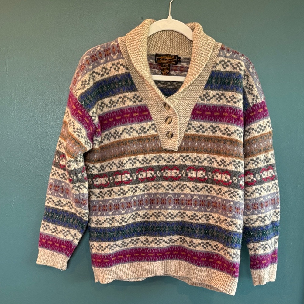 Vintage Gorpcore Eddie Bauer Cream Shawl Collar Fair Isle V-Neck Sweater size S